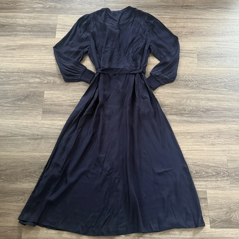 Boden Midnight Blue Button Front Linen Shirt Midi Dress 14R Collarless Classic